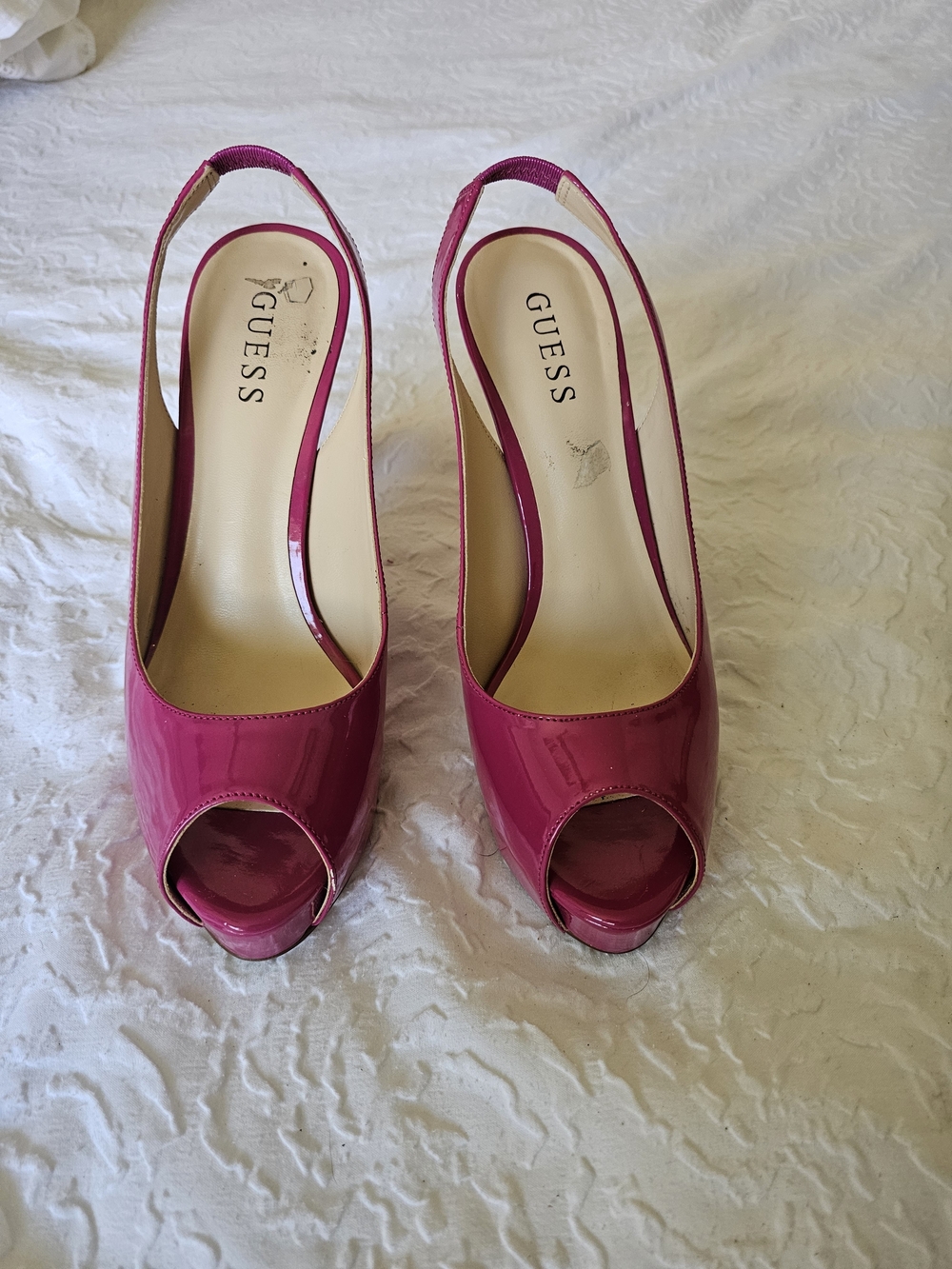 GUESS Pink Patent Peep-Toe Slingback Heels